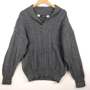 VTG Racquet Club Cable Knit Fisherman Sweater Men M Gray Wool Shawl Collar Chunk